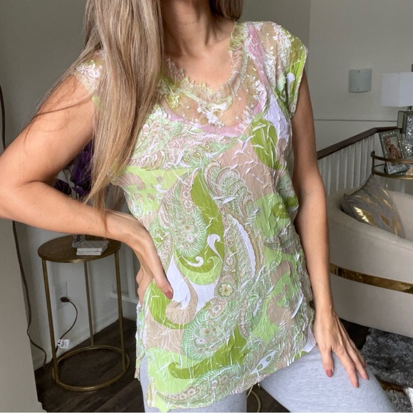 Komarov Vtg Green White Paisley Sleeveless V Neck Women’s Top Stretch Soft L - Picture 4 of 10